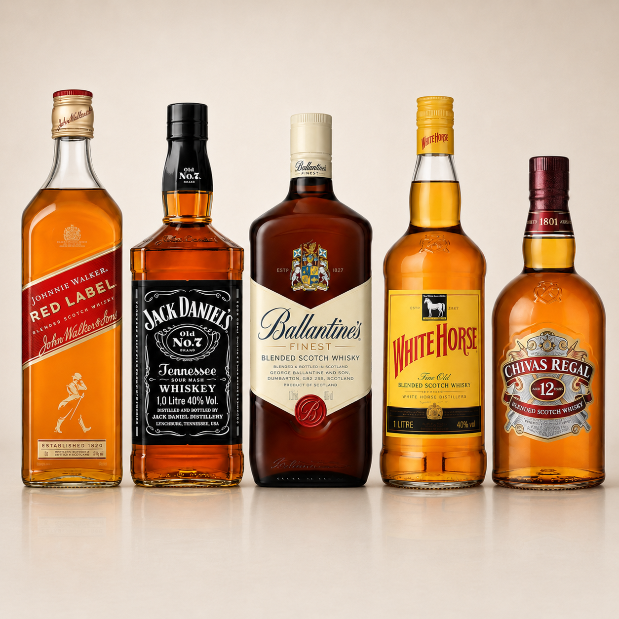 Red Label, Jack Daniel’s, Ballantine’s, White Horse e Chivas 12 Anos.